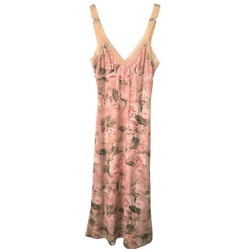 Y2K 90s Bailey Rose Womens Medium Midi Slip Dress Pink Floral Lace Trim Mesh